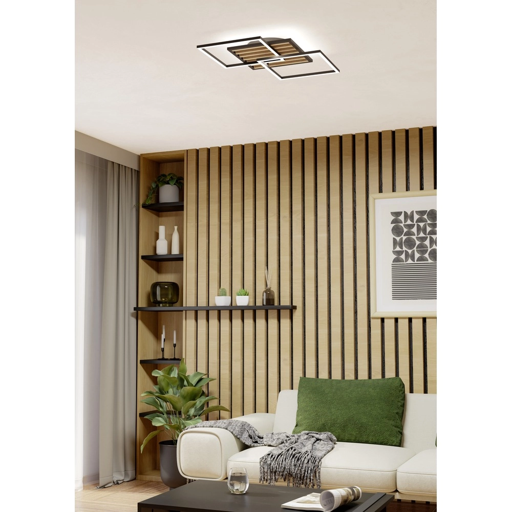 Lampe de plafond moderne Cembrano Carré noir avec bois Eglo 9008606388127