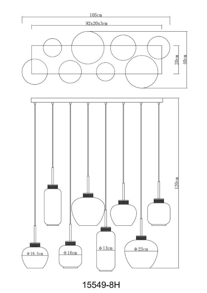 Lampe suspendue 8 lumières Matt noir avec du bois Globo 9007371444519