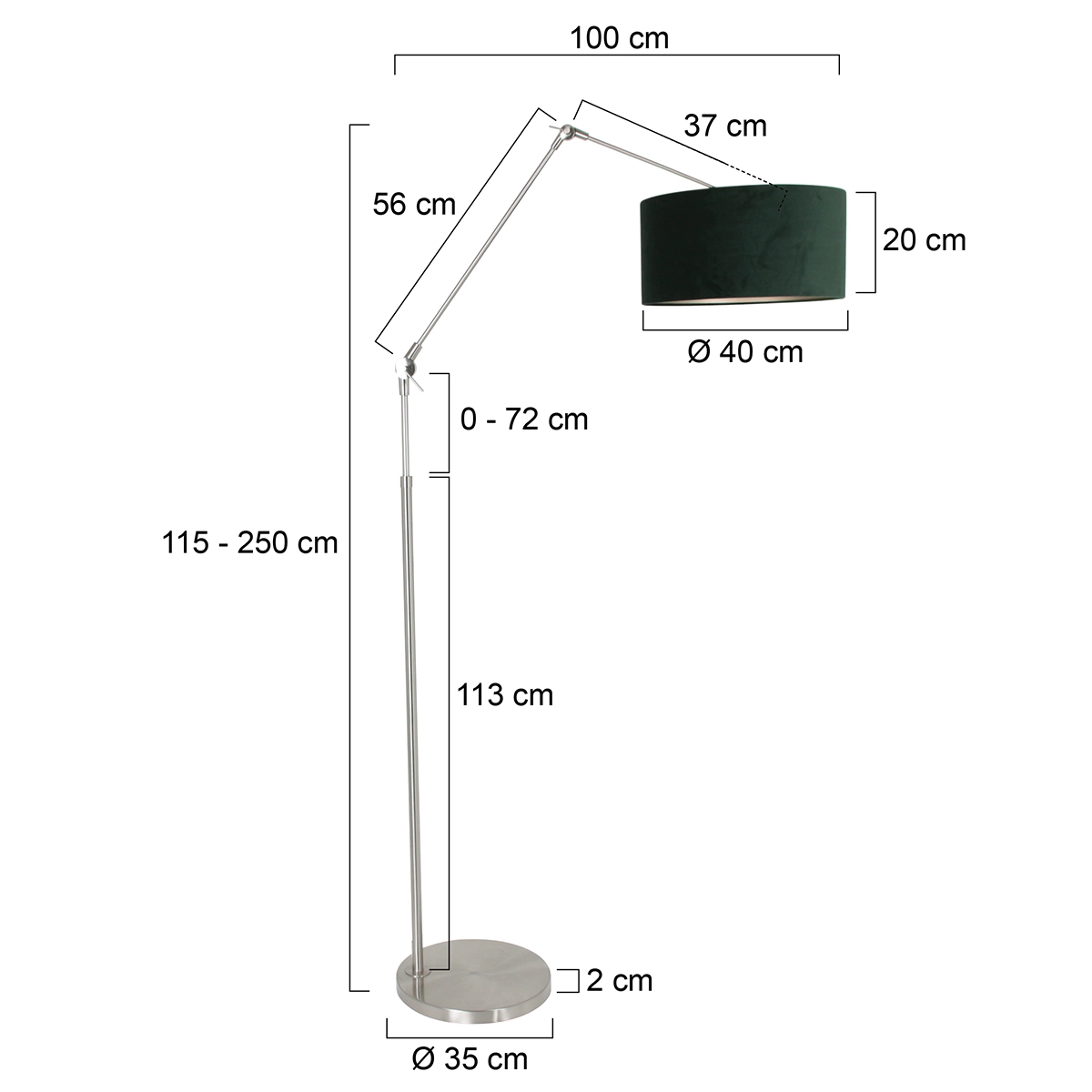 Lampe de lecture au sol Prestige Chic Acier inoxydable avec abat-jour en velours vert de 40 cm Steinhauer 8712746145731