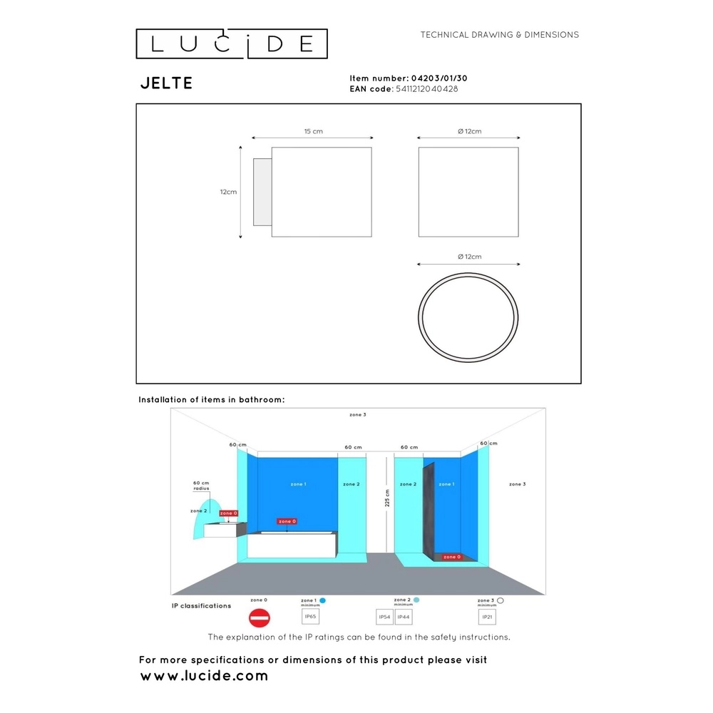 Lampe murale de conception Jelte IP44 adapté aux toilettes Lucide 5411212040428