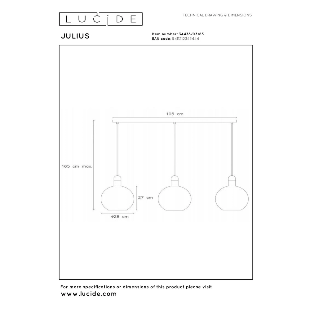 Lampe pendante à 3 lampes Julius Verre fumé Lucide 5411212343444