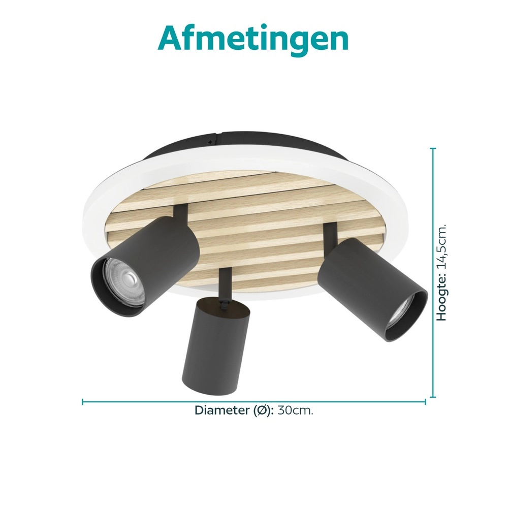 Lampe de plafond moderne Cembrano 3-noir clair avec bois Eglo 9008606388271