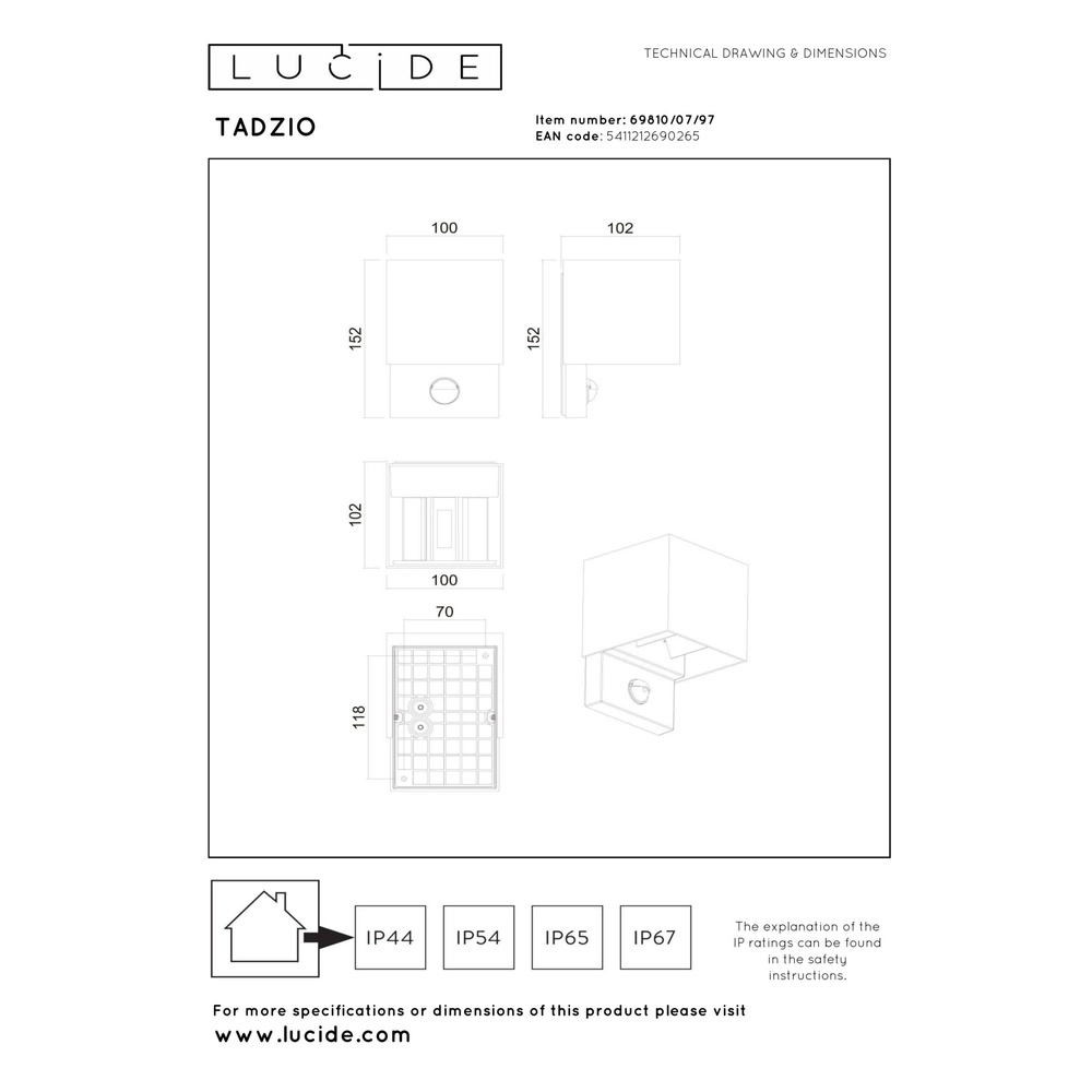 Lampe murale carrée Tadzio avec le capteur brun rouille Lucide 5411212690265