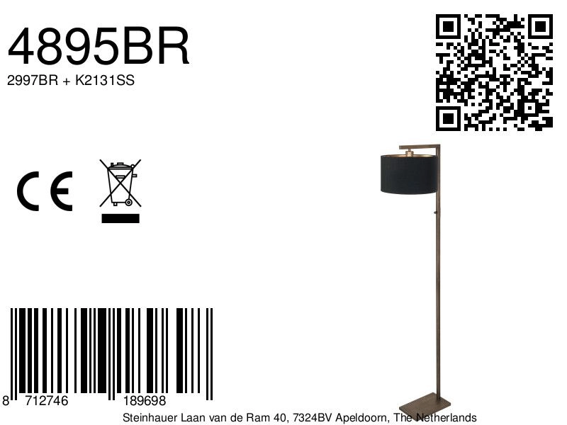 Lampe sur pied en bronze Stang avec capuche noire Steinhauer 8712746189698