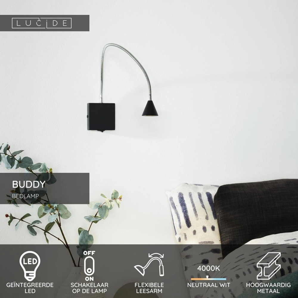 Lampe de lecture pour le lit Buddy 4000K noir Lucide 5411212185532