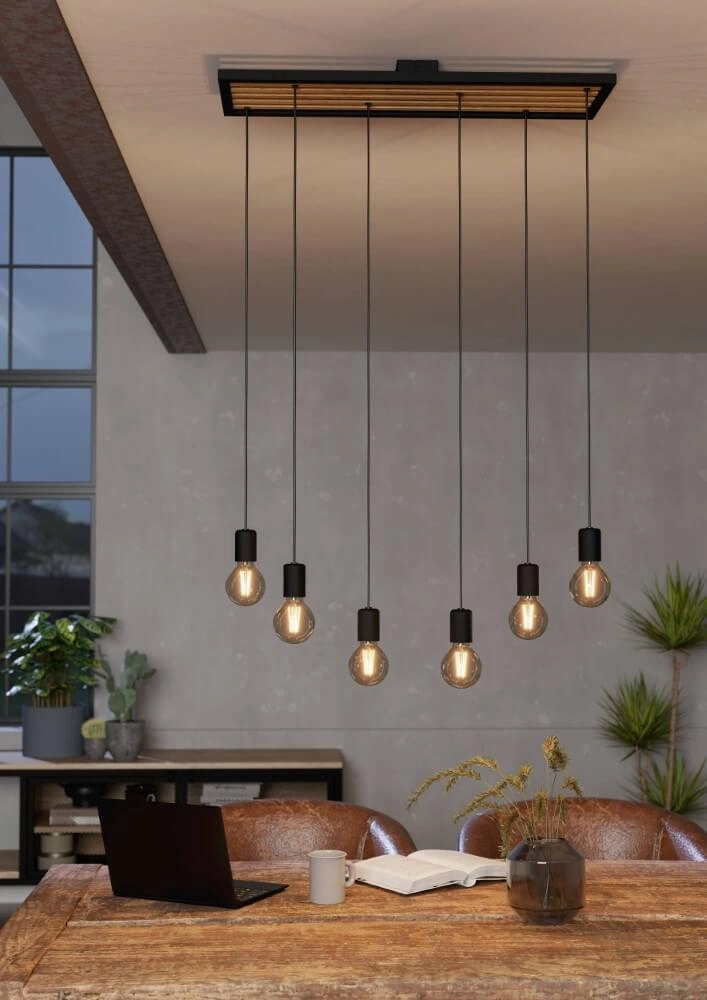 Lampe suspendue 6 lumières Consett noir avec du bois Eglo 9002759437251