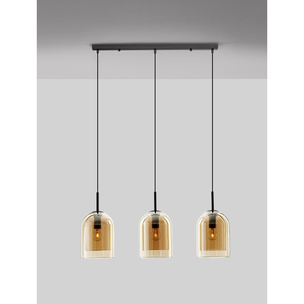 Suspension Velor Noir à 3 lumières avec verre ambré droit Suspension Velor Noir à 3 lumières avec verre ambré droit