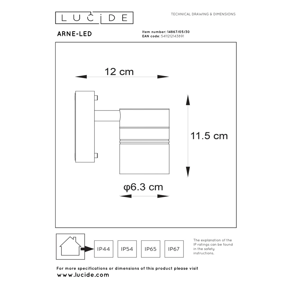 Projecteur mural Arne-Led Down Black Lucide 5411212143891