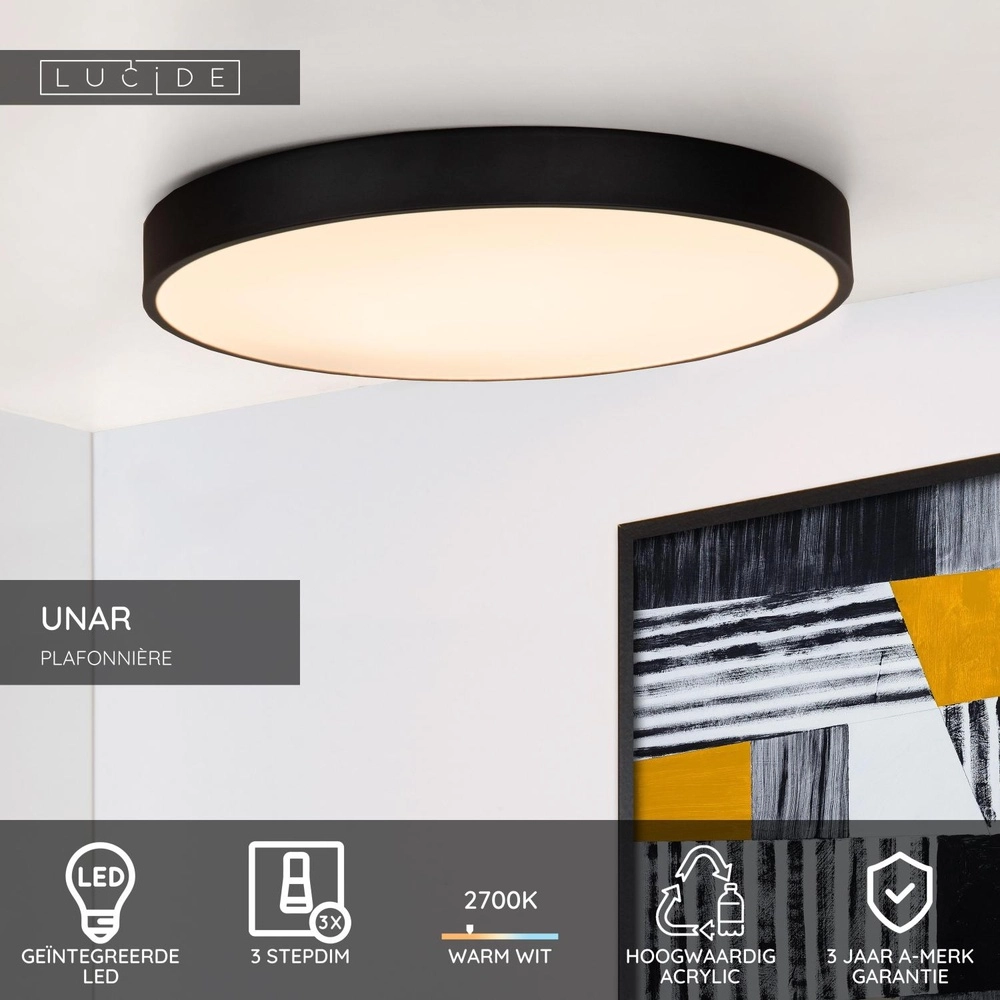 Éclairage de plafond Unar Ø 49,5cm - 2700K - noir Lucide 5411212791917