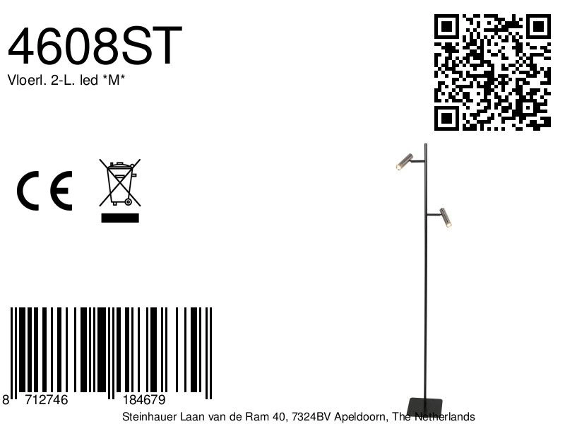 Lampe sur pied à deux lampes Lumo noir avec du nickel Steinhauer 8712746184679