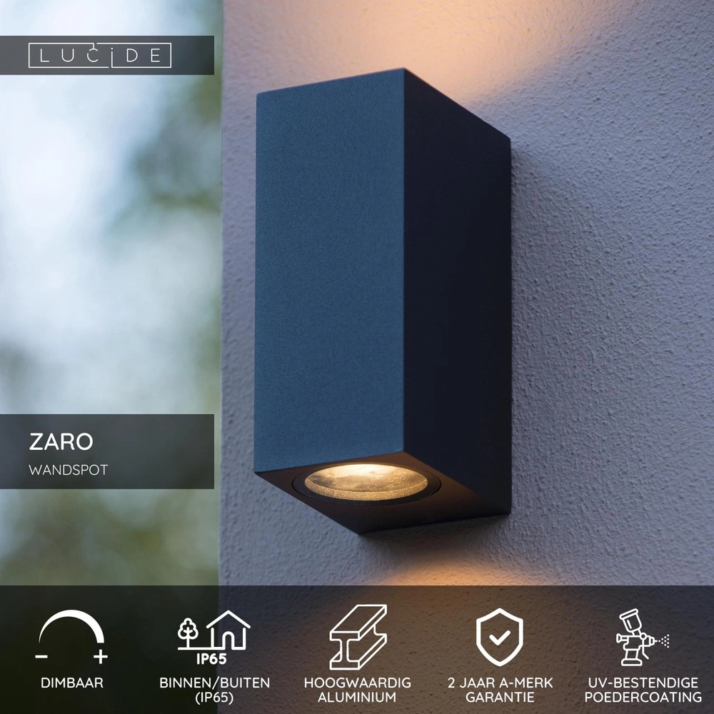 Emplacement mural de conception Zaro IP65 noir montant et bas Lucide 5411212690067