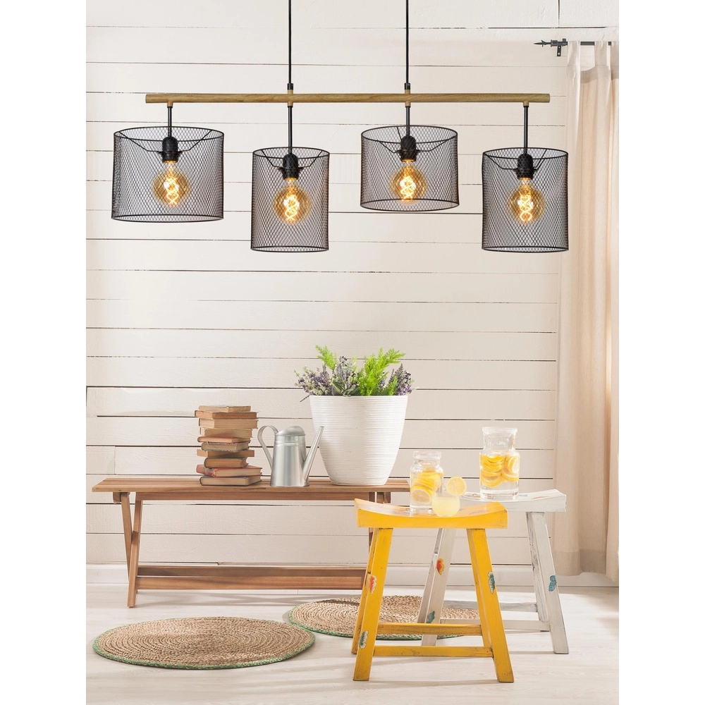 Lampe suspendue à 4 lumières Baskett noir avec bois Lucide 5411212450531
