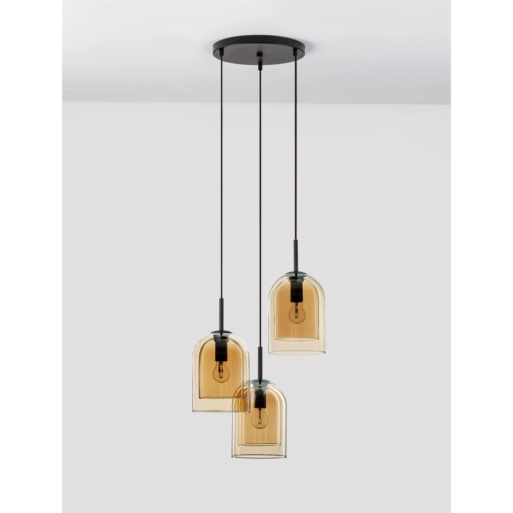 Suspension Velor 3 lumières noir avec verre ambré rond Lyora 5212017431219
