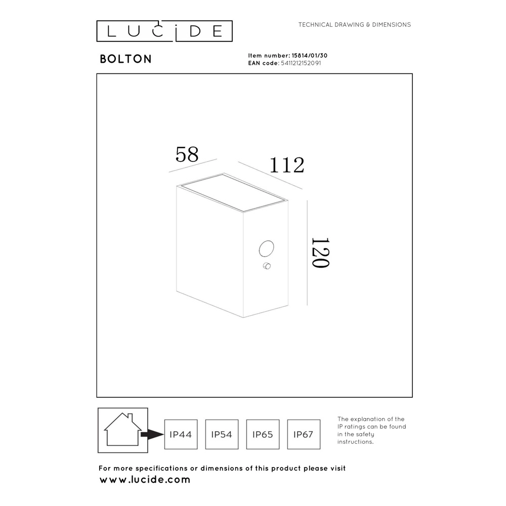 Lampe murale solaire Bolton IP54 - 3000K noir Lucide 5411212152091