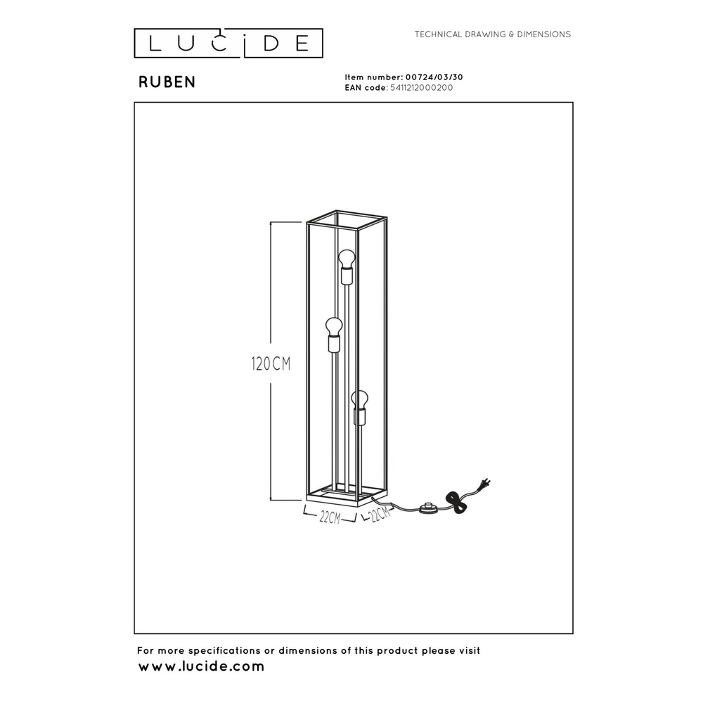 Lampe de pied Ruben Noir Lucide 5411212000200