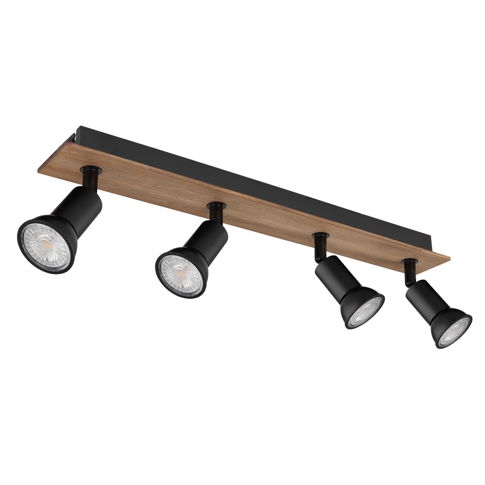 Projecteur de plafond Drew noir avec 4 lumières en bois Globo 9007371436781