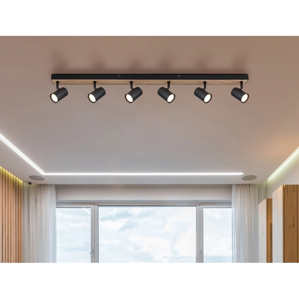 Lampe de plafond à 6 lumières Robby noir avec bois Globo 9007371432141