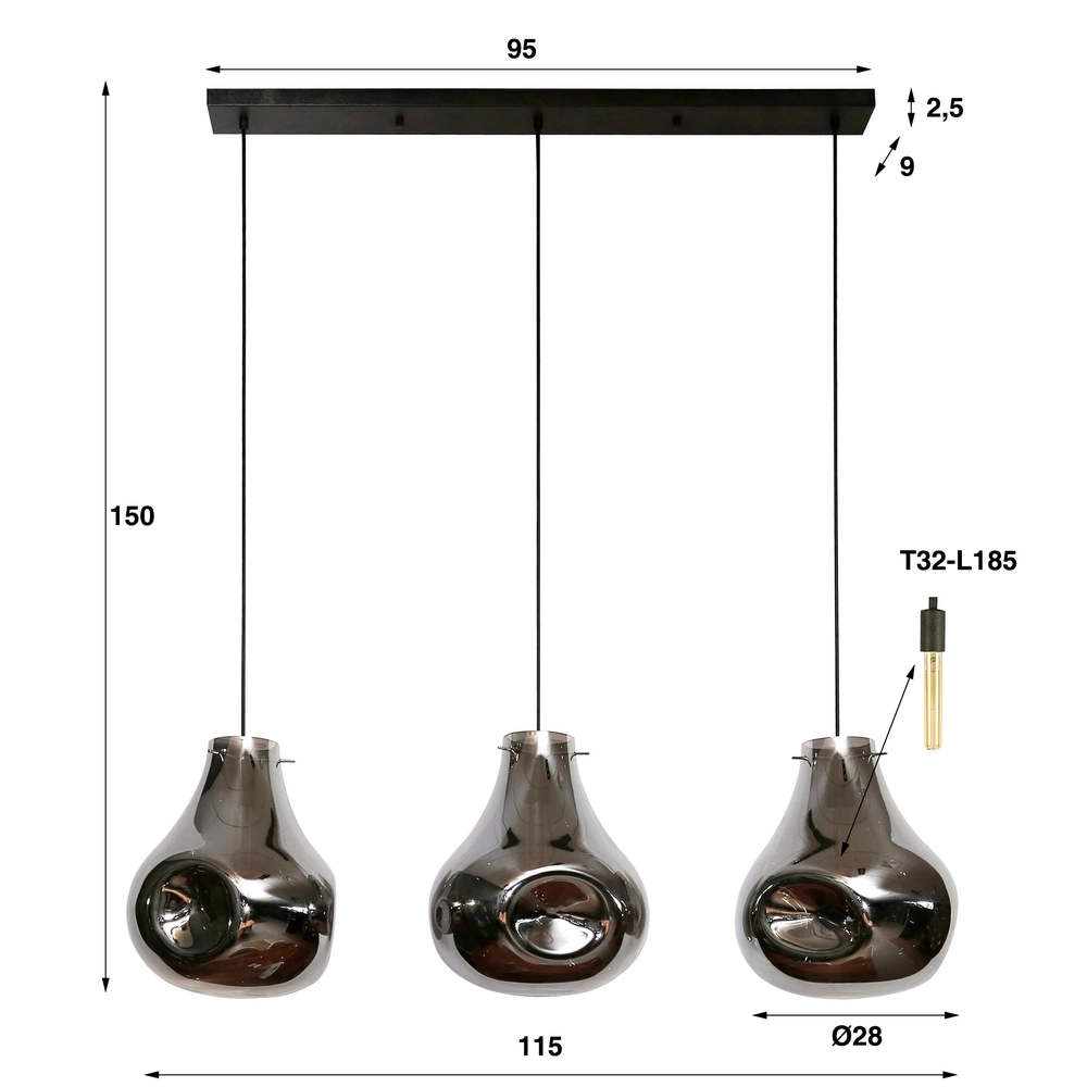 Lampe suspendue en verre fumé Dent 3-lumière Lyora 8716803511620