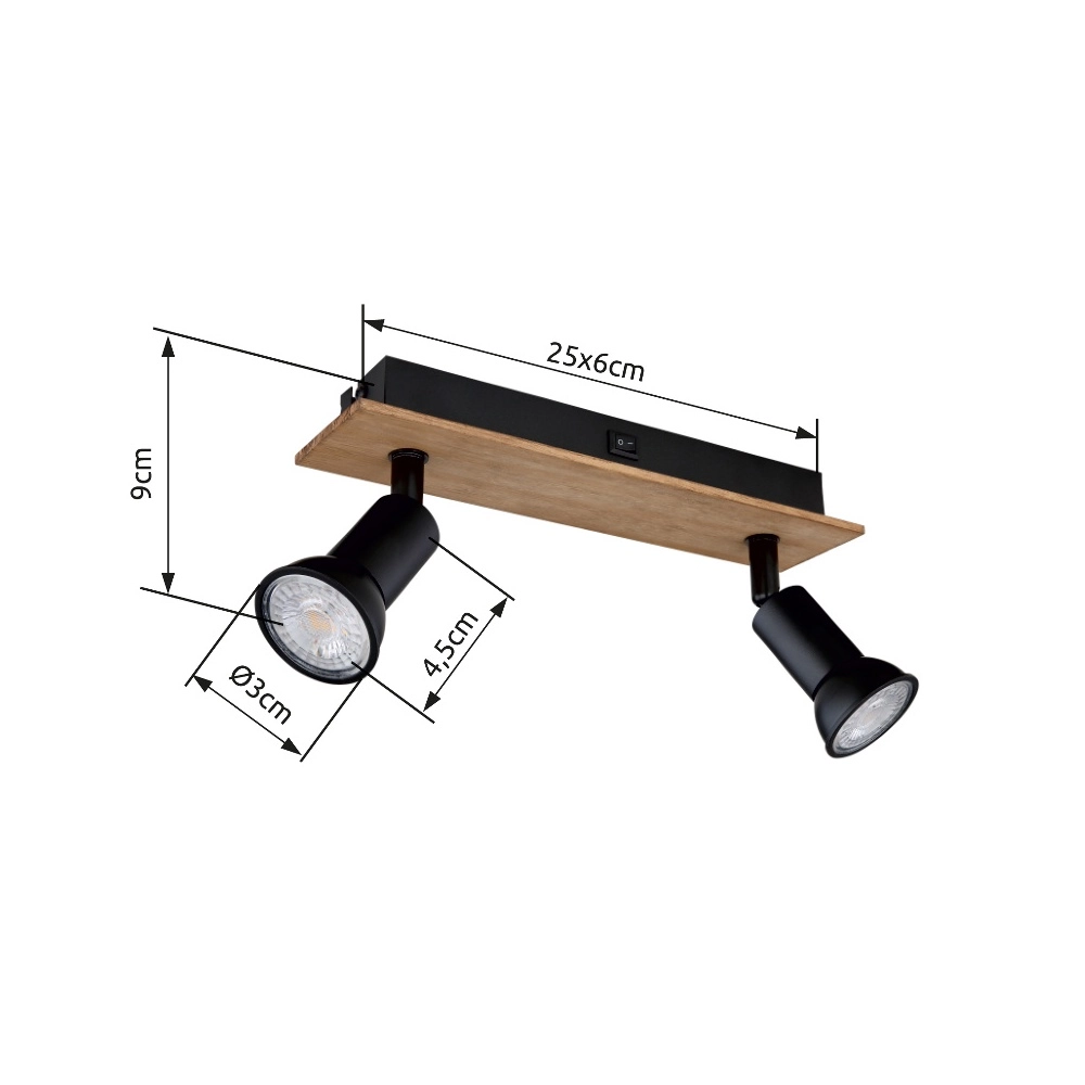 Projecteur de plafond Drew noir avec deux lumières en bois Globo 9007371430789