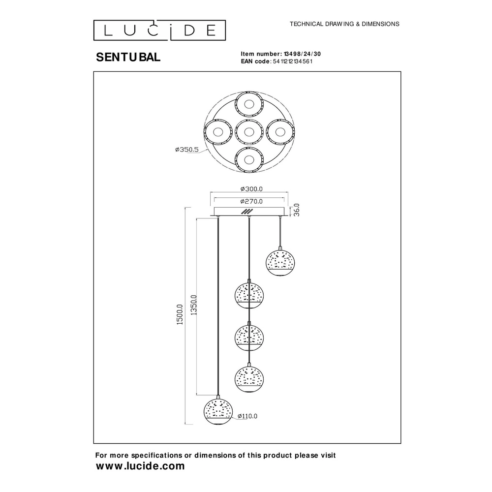 Lampe pendante de conception Sentubal Projectile noire à 5 lumières Lucide 5411212134561