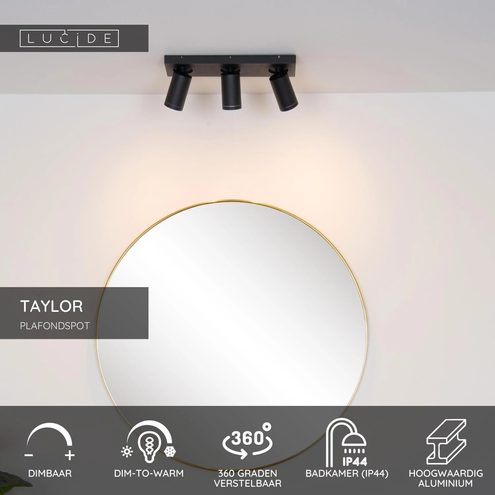 Projecteur de plafond Taylor IP44 3-lumière noire Lucide 5411212092656
