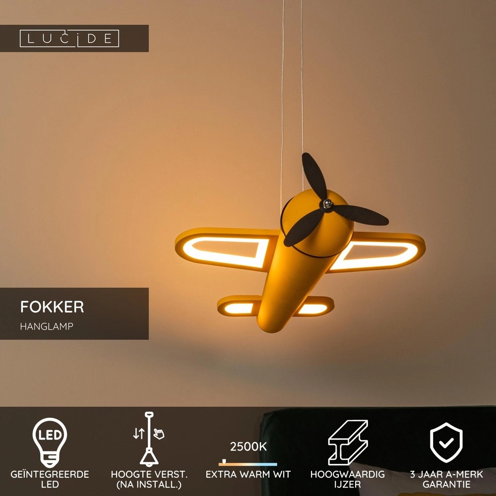 Lampe suspendue pour la chambre des enfants Fokker Jaune avion Lucide 5411212771483