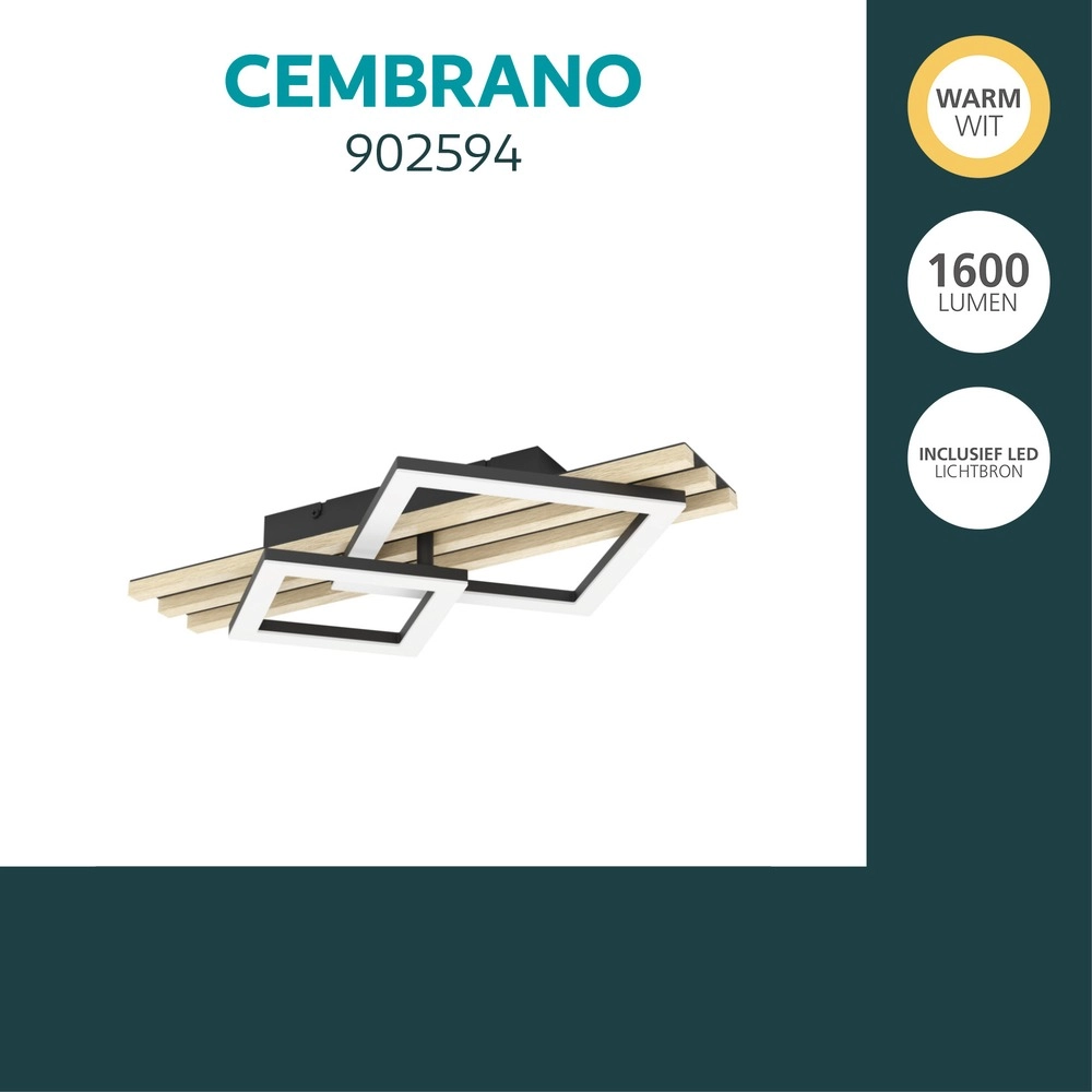 Lampe de plafond moderne Cembrano noir avec carré bois 50 cm Eglo 9008606388196