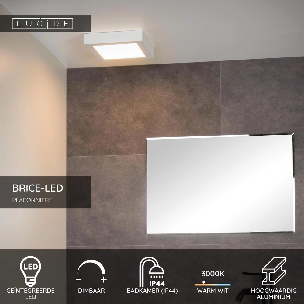 Éclairage de plafond Brice-Led 22 cm carrés blanc IP44 Lucide 5411212281340