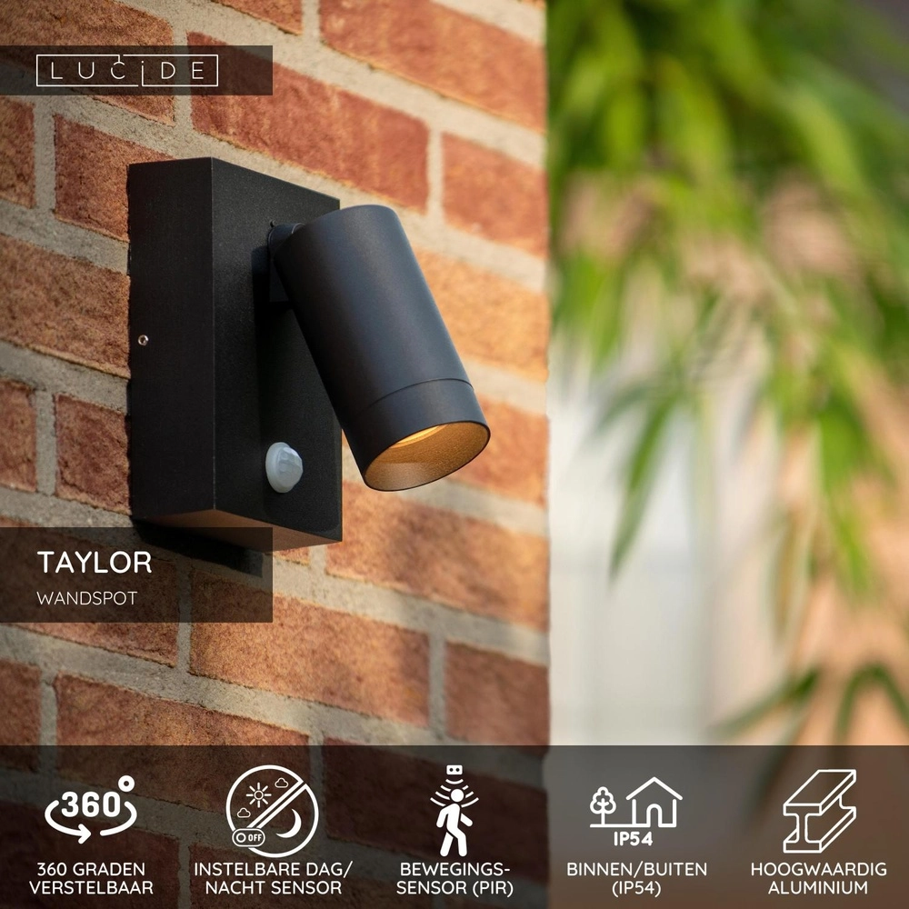 Projecteur mural Taylor IP54 avec capteur noir Lucide 5411212092694