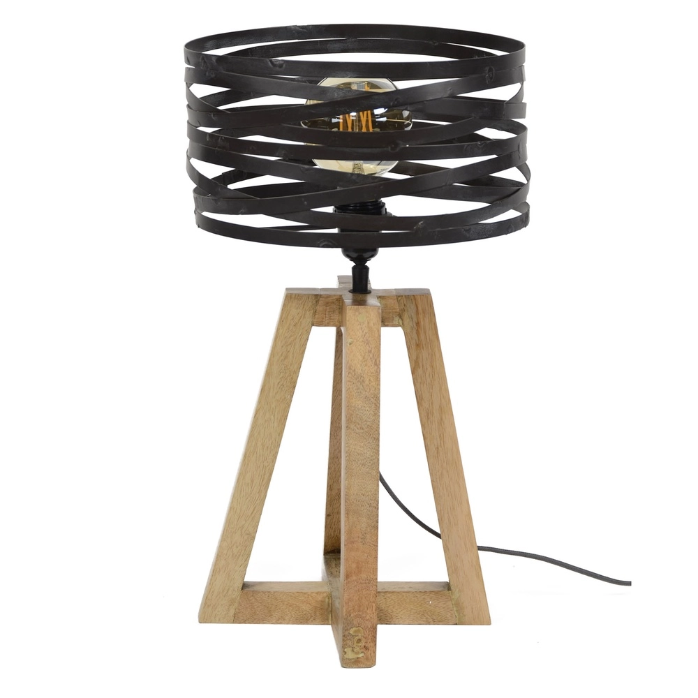 Lampe de table industrielle Twist Ø 29cm - bois avec gris Lyora 8716803511804