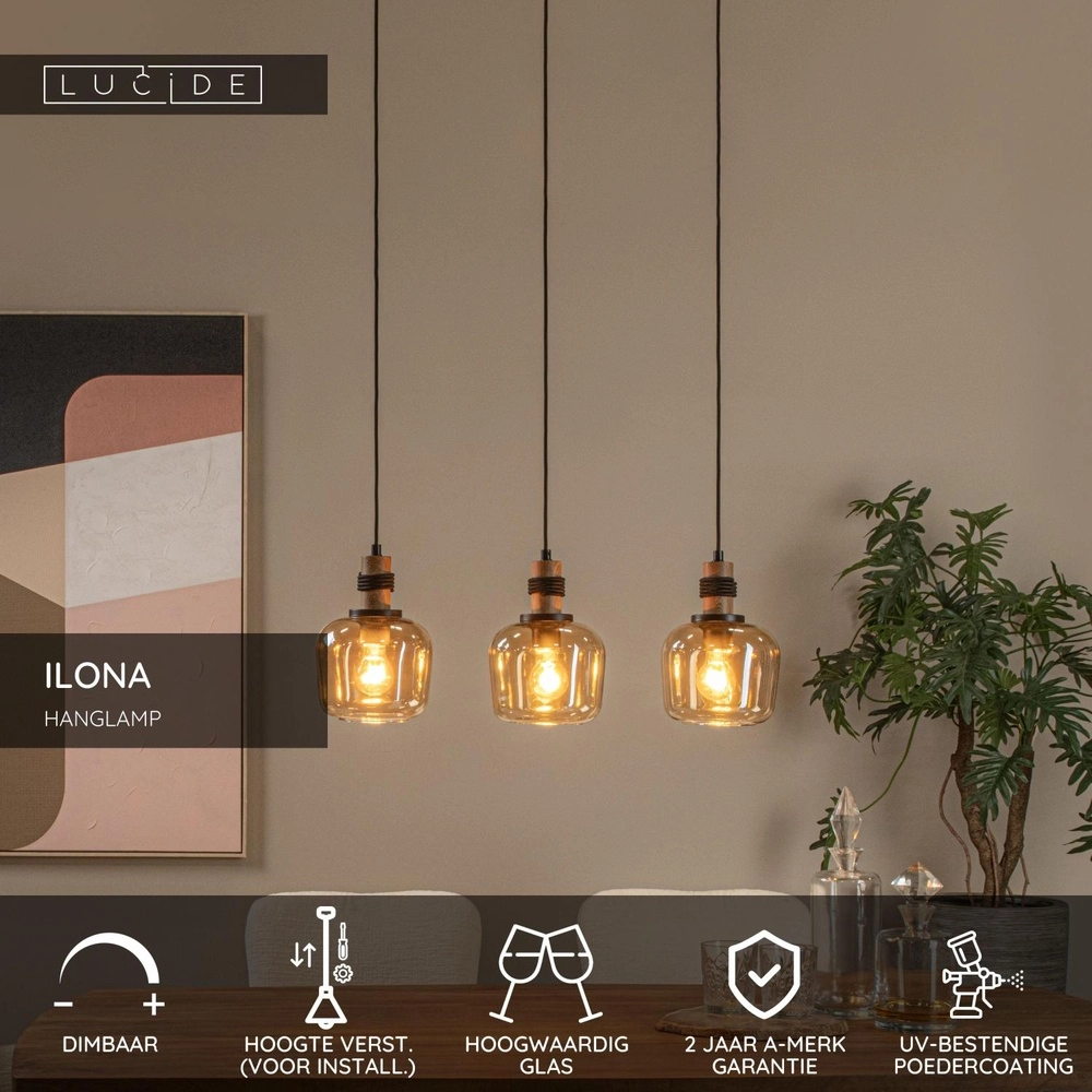 Lampe pendante à 3 lampes Ilona noir avec verre ambré Lucide 5411212452689