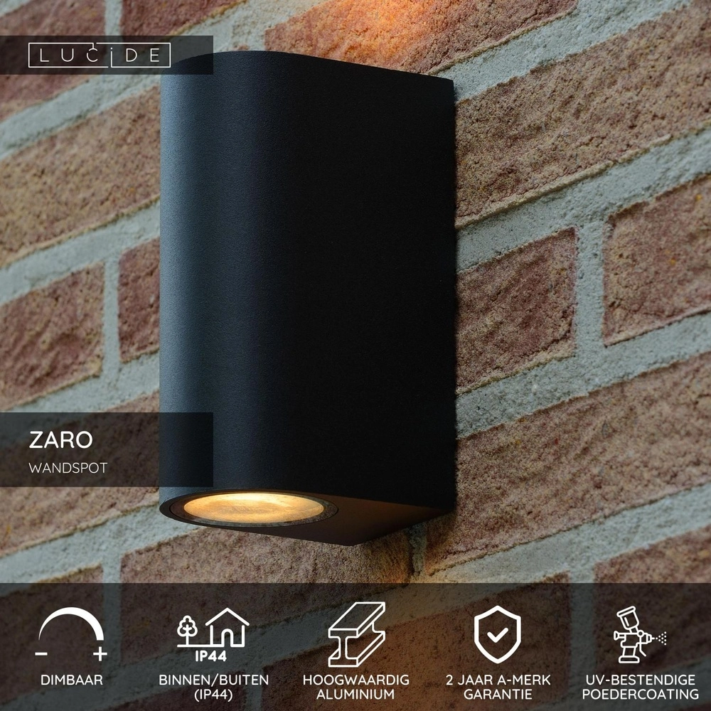 Projecteur mural Zaro IP44 en haut et en bas noir Lucide 5411212690104