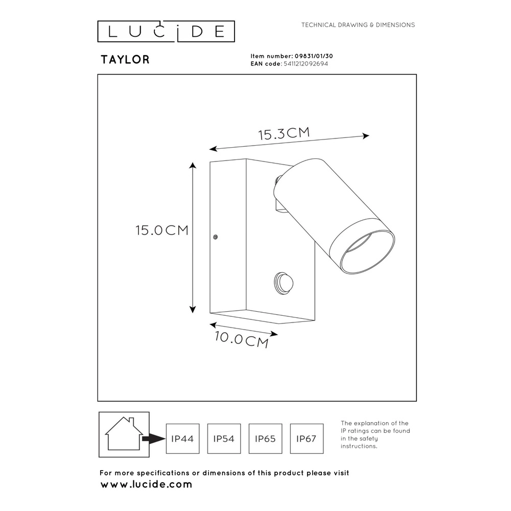 Projecteur mural Taylor IP54 avec capteur noir Lucide 5411212092694
