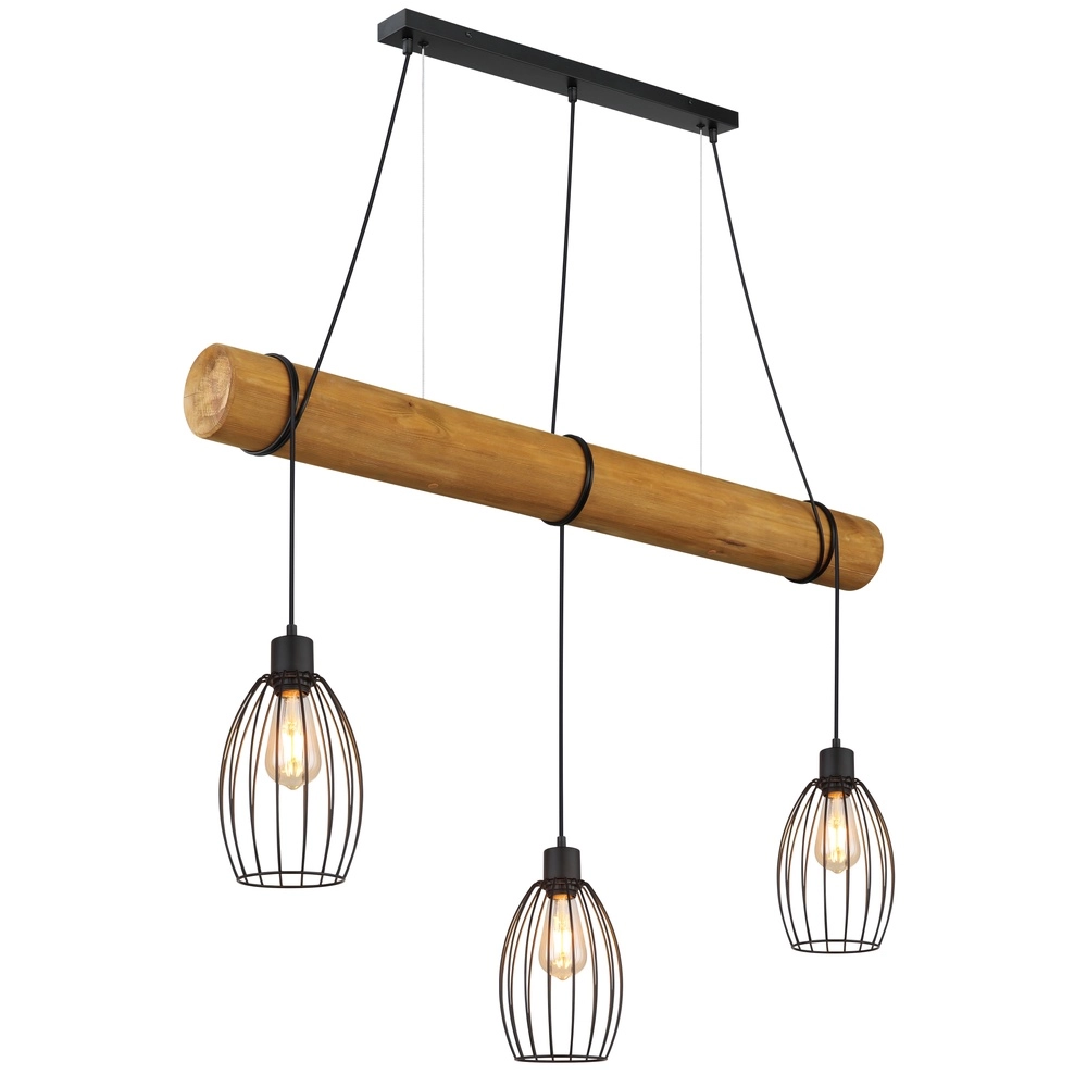 Lampe pendante de campagne Berti Bois 3 clairs avec noir