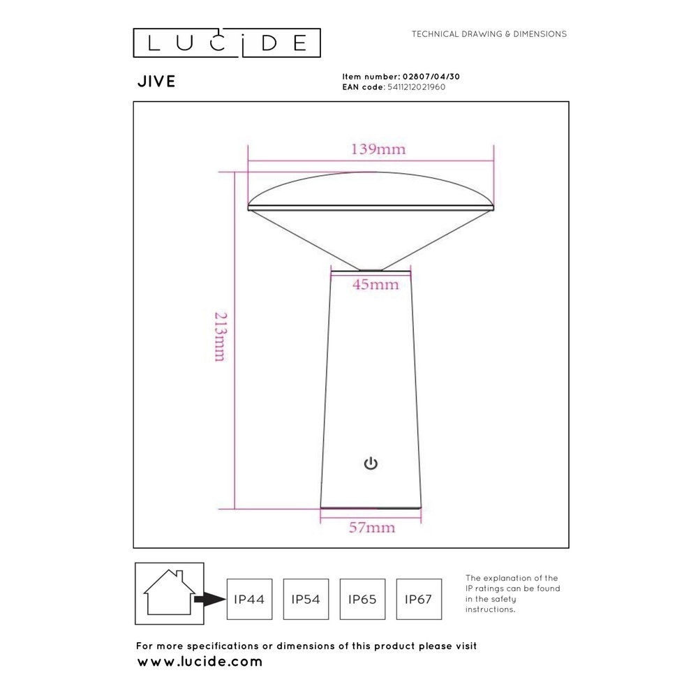 Lampe de table rechargeable Jive IP44 Couleur de lumière noire réglable Lucide 5411212021960