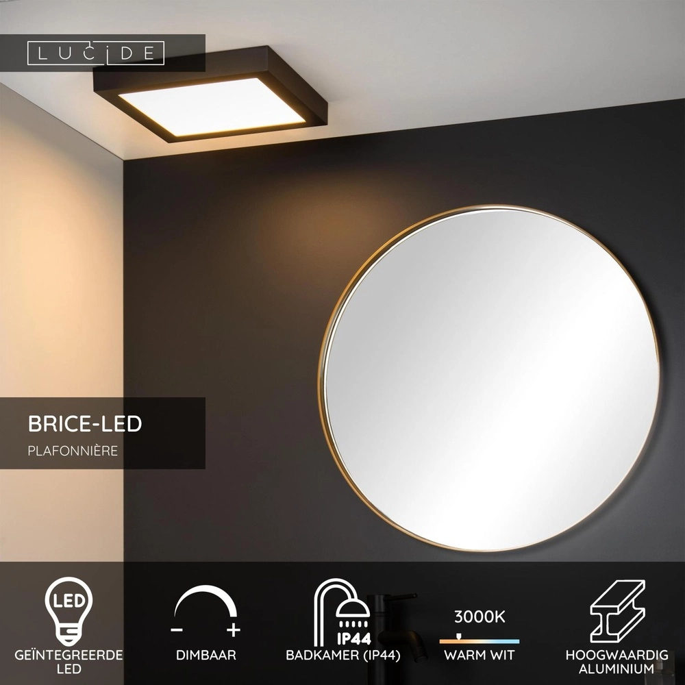 Éclairage de plafond Brice-Led 30 cm carrés IP44 noir Lucide 5411212281272