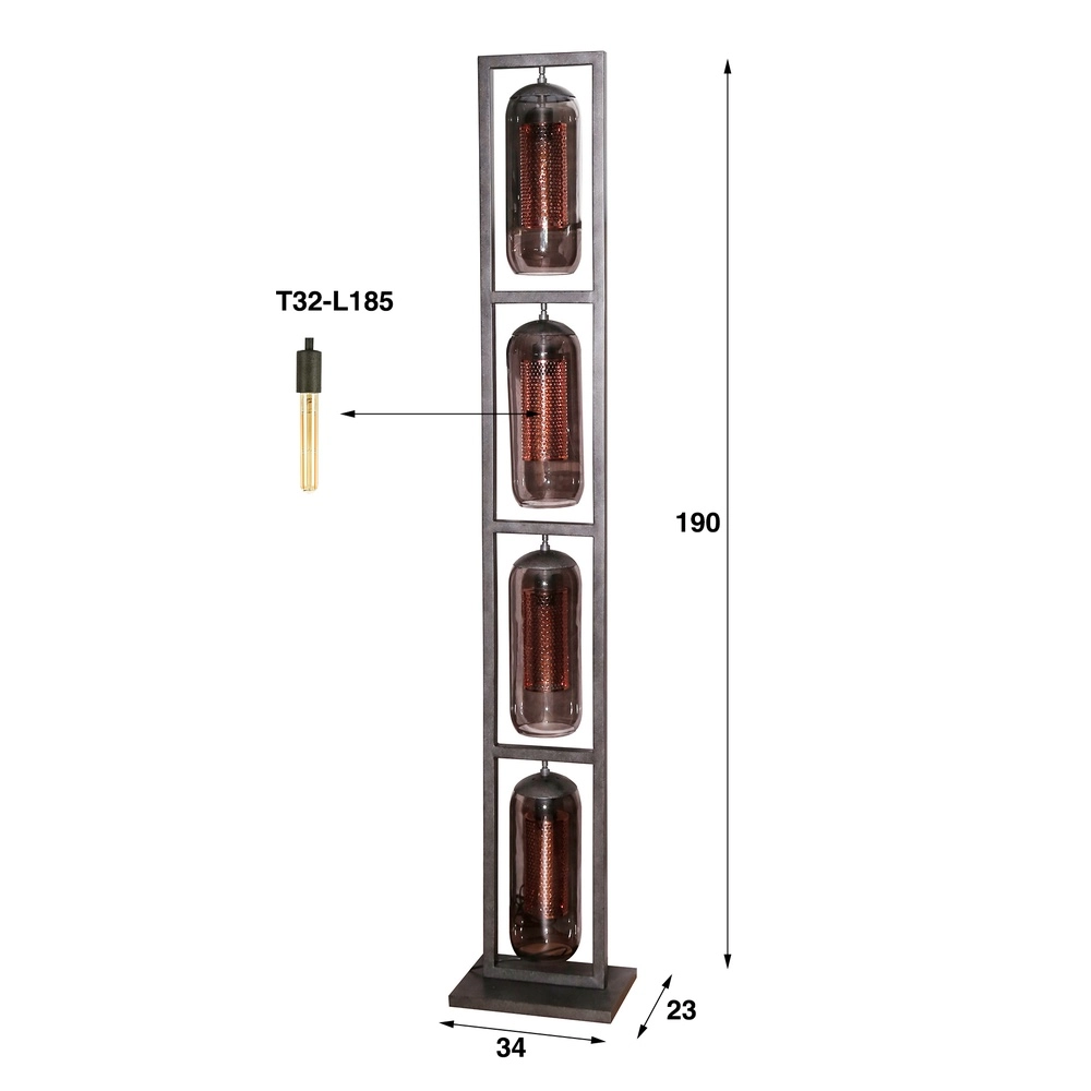 Lampe de pied en verre Smoke 4x E27 - 190cm - noir avec cuivre Lyora 8716803512160