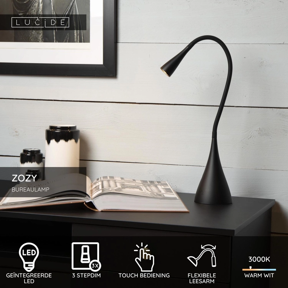 Lampe de bureau Zozy Noir à 3 étapes à dimmable Lucide 5411212185822