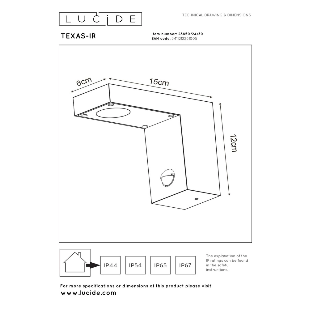 Lampe murale Texas-Ir anthracite avec capteur Lucide 5411212281005