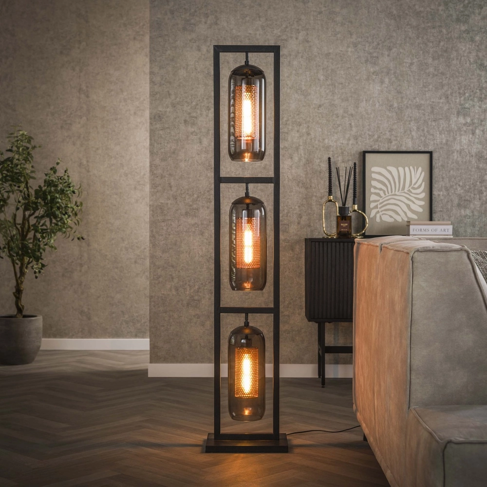 Lampe de pied en verre Smoke 3x E27 - 158cm - noir avec cuivre