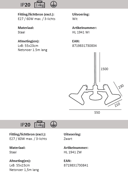 Suspension à 3 ampoules Vectro Artdelight 8719831730834