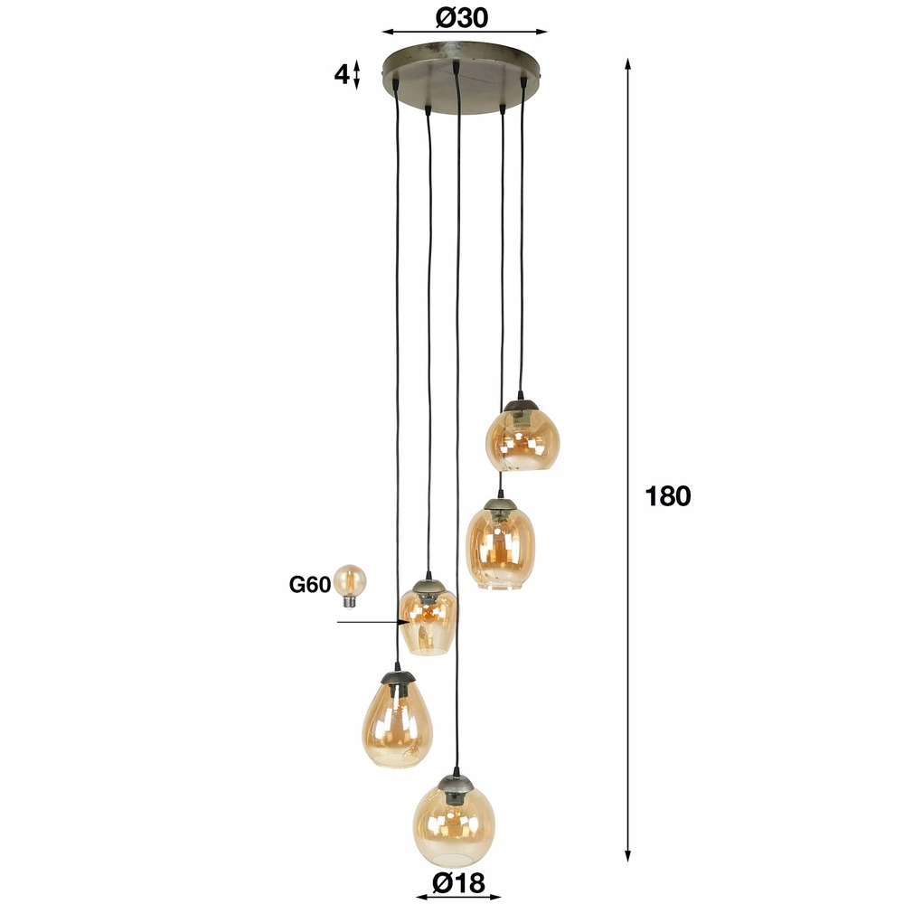 Lampe pendante de table à manger Mix 5x E27 - Ø 43cm - verre ambré Lyora 8716803512283