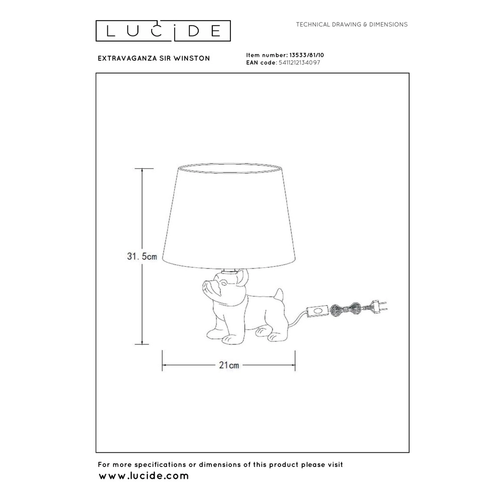Lampe de table Extravaganza Sir Winston Or chien avec noir Lucide 5411212134097