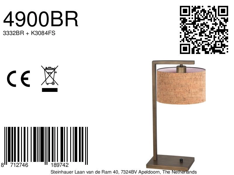 Lampe de table Stang avec un bouchon en liège Steinhauer 8712746189742