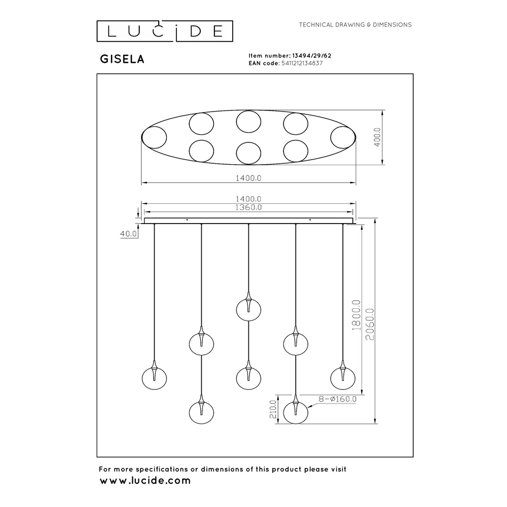 Suspension LED de conception Gisela Faning - 8x Ø 16cm Premium by Lucide 5411212134837