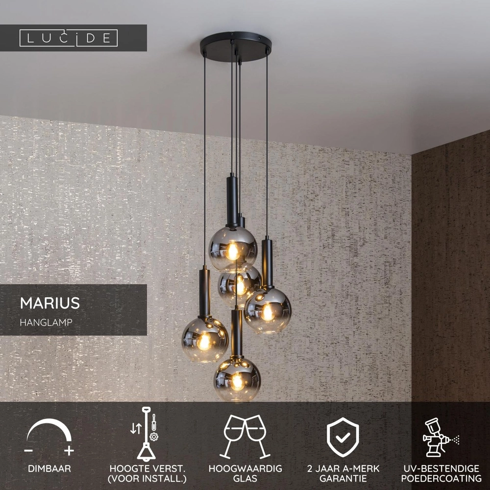 Lampe suspendue Marius Noir à 5 lumières Lucide 5411212452245