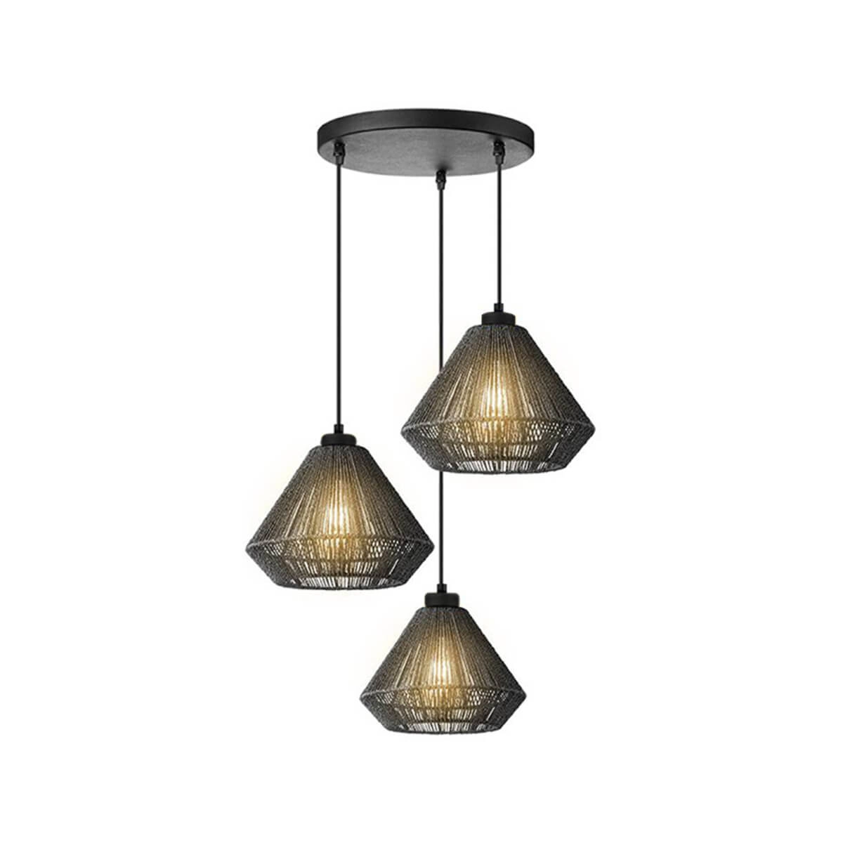 Lampe suspendue 3 lumières Ibiza toile de jute noire Lampe suspendue 3 lumières Ibiza toile de jute noire