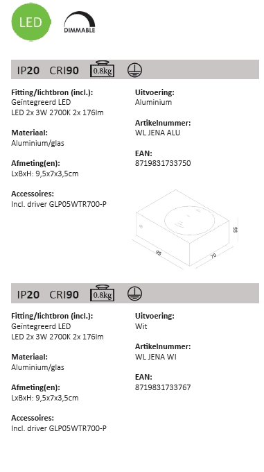 Spot mural à LED Jena 2x3w - 2700K blanc Artdelight 8719831733767