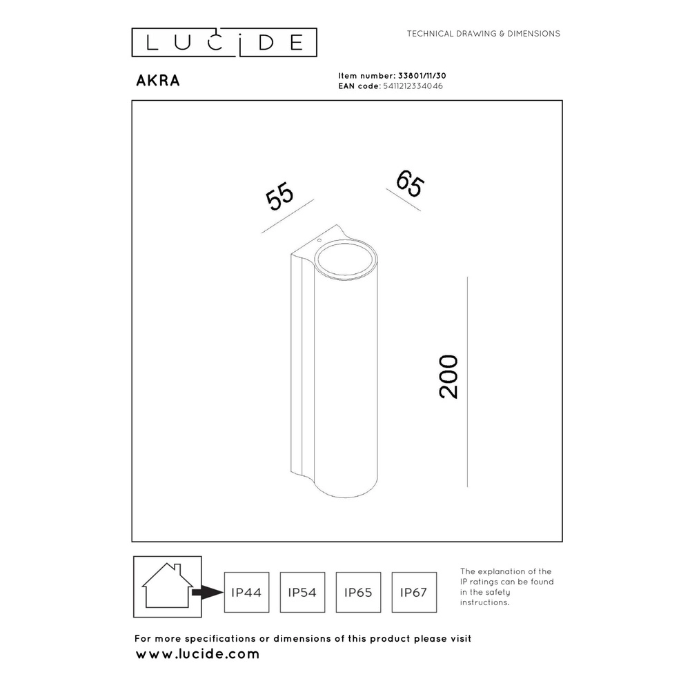 Lampe murale de conception Akra haut et bas noir IP54 Lucide 5411212334046