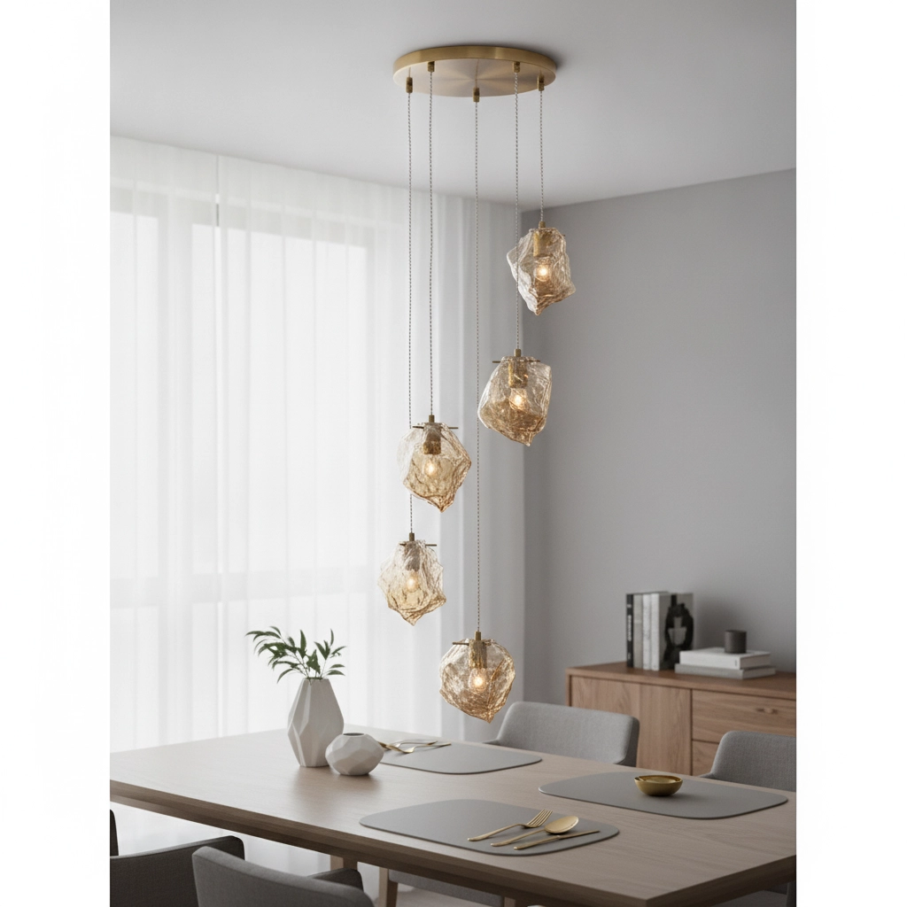 Suspension Odelle Or 5 pâles avec verre ambré